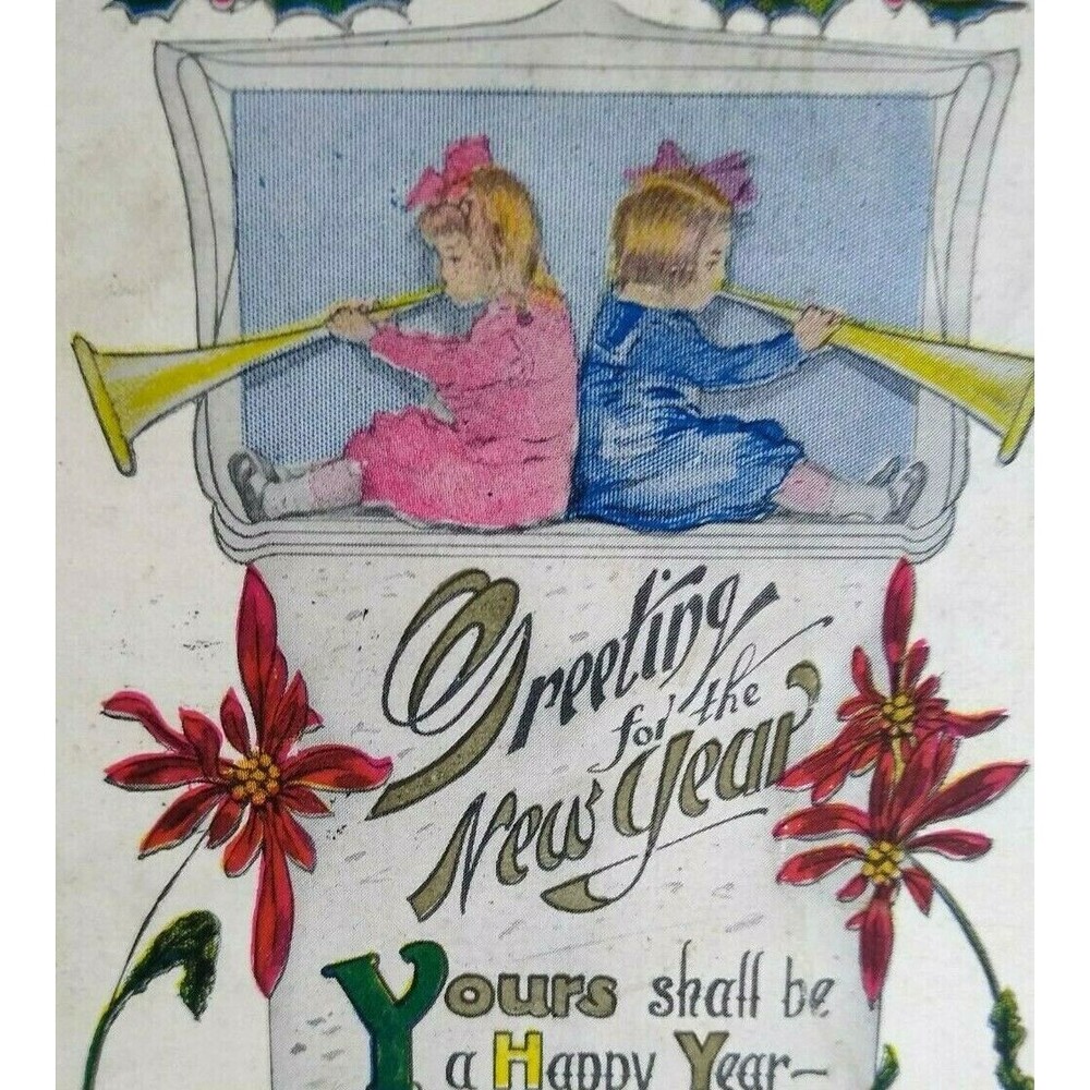 New Years Postcard 1916 Artist H B Spencer Children Blowing Horns Dubuque Iowa